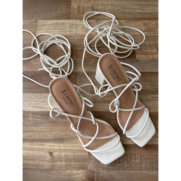 Women's Simmi London Tie Ankle Block Heeled Sandals in White size 8 Bridal - Picture 2 of 6